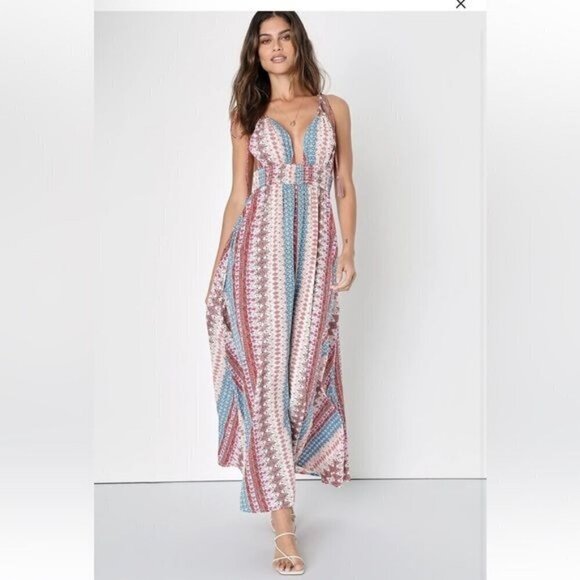 Lulu’s maxin’ relaxin’ multi print sleeveless tie back maxi dress size L - Picture 1 of 15